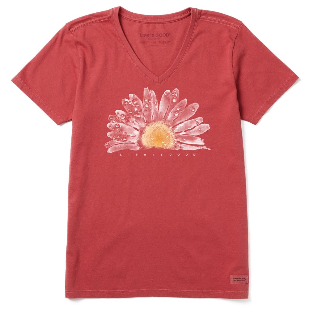 Life Is Good Damen Crusher Graphic V-Neck T-Shirt Watercolor Daisy Birds XS Blassrot, XS Blassrot