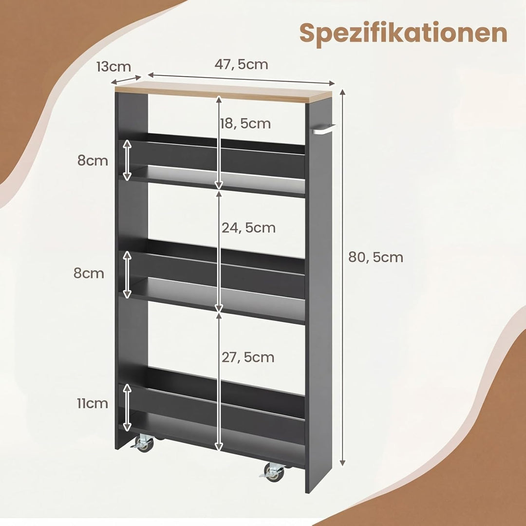 COSTWAY Nischenwagen 13cm breit, 4 Etagen Küchenwagen schmal, Nischenregal auf Rollen, Servierwagen