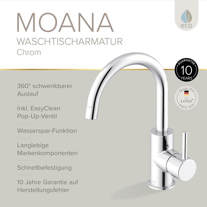 Lenz Waschtischarmatur MOANA in Chrom – wassersparend dank hochwertiger Markenmischdüse – einfache I