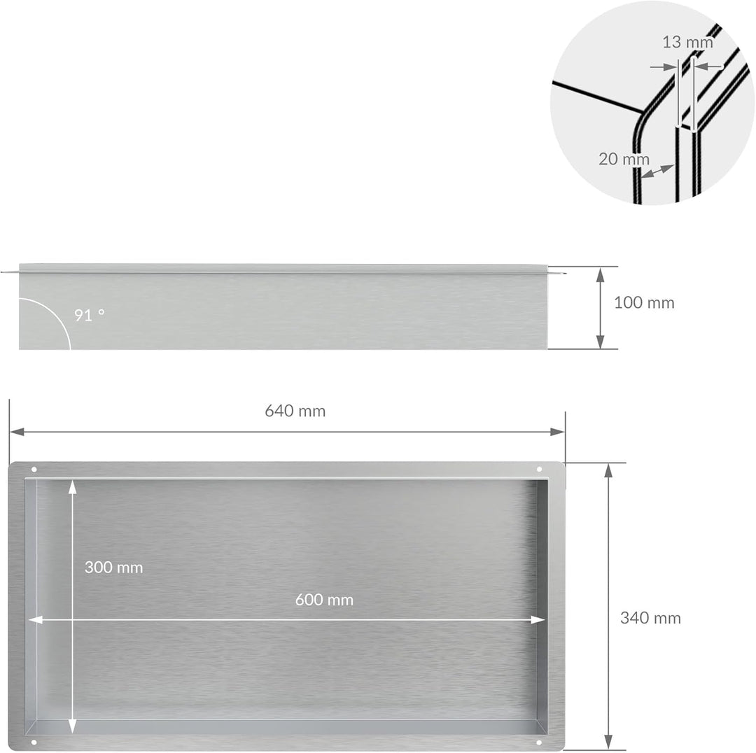 LuxeBath Wandnische aus Edelstahl, 60x30x10 cm, Silber, Duschnische, Randlos, Einbauregal, Flexibler