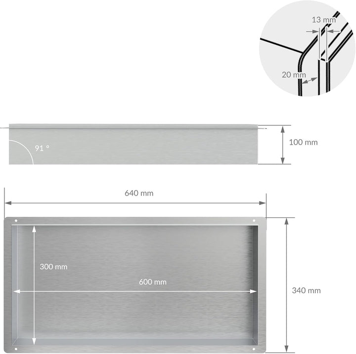 LuxeBath Wandnische aus Edelstahl, 60x30x10 cm, Silber, Duschnische, Randlos, Einbauregal, Flexibler