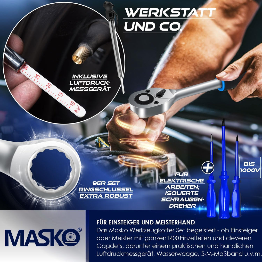 MASKO® Werkzeugkoffer 1299-teilig gefüllt | Werkzeugset im Aluminiumkoffer | Werkzeugkasten mit Roll