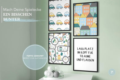 Papierschmiede® Kinderbilder 4er Set, A4 gerahmt in Holzrahmen (schwarz), Geschenk für Jungen Wandde