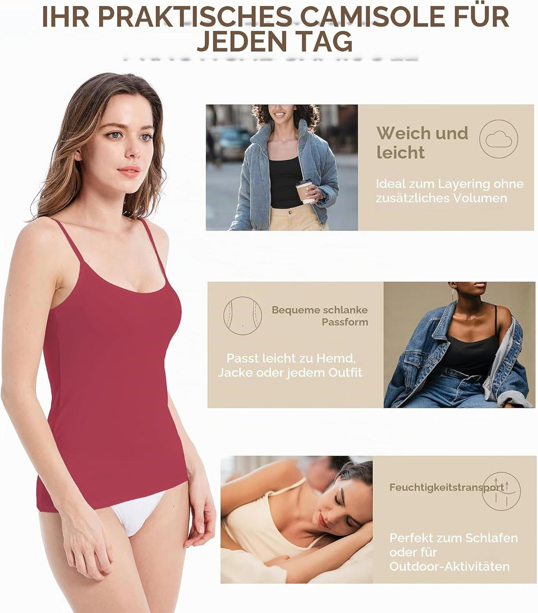 Comfneat Damen 4-Pack Spaghetti Tops Slim-Fit Verstellbare Träger Camisole Baumwolle Elasthan Unterh