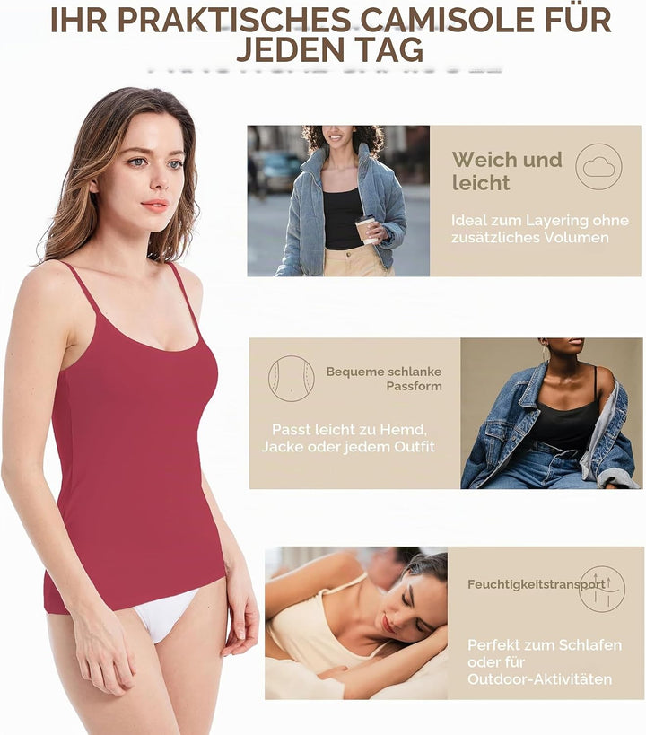 Comfneat Damen 4-Pack Spaghetti Tops Slim-Fit Verstellbare Träger Camisole Baumwolle Elasthan Unterh