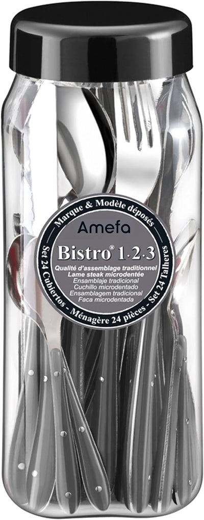 Amefa S24 PP Bistro Besteck, 24 Teile, Edelstahl, 1,5 mm dick, Grau/Schwarz, 9 x 9 x 24 cm, Schwarz