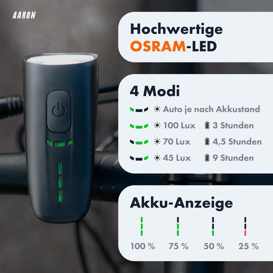 AARON 100 LUX Fahrradlichter Set (9h Leuchtdauer), StVZO zugelassen, 2000 mAh Akku Fahrrad Licht Set