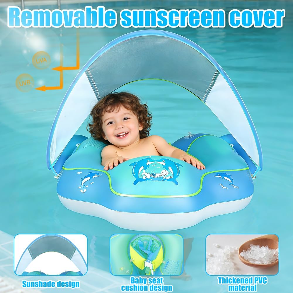 Baby Schwimmring mit Sonnendach, Abnehmbarem Sonnendach Schwimmsitz Kleinkinder, Float Aufblasbare S