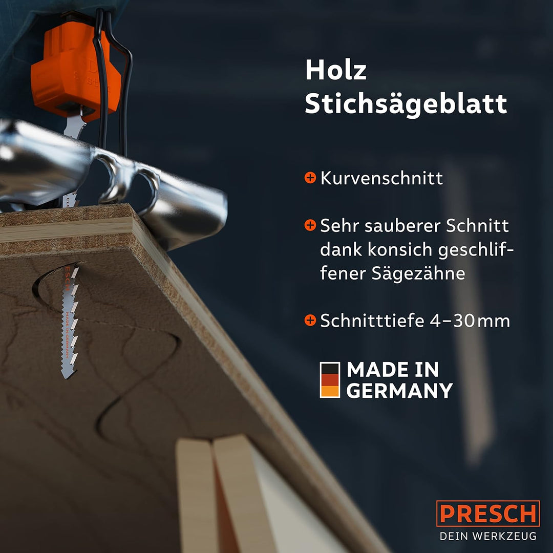 Presch Stichsägeblätter Holz 10 Stk. (Kurve) - Sehr sauberer Kurvenschnitt (4-30mm) - Stichsägeblatt