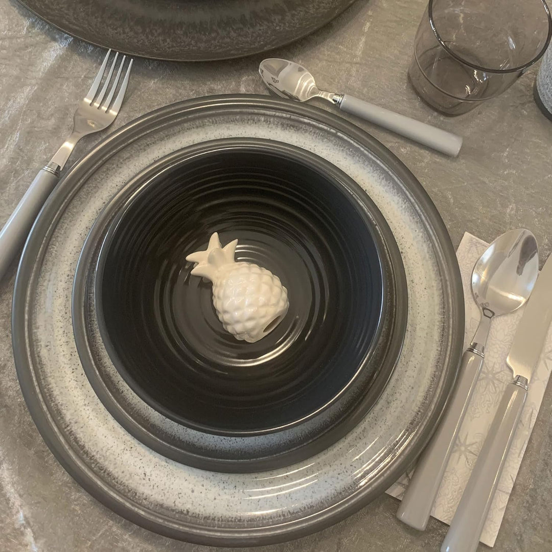 Melamin Geschirr Set Grau Schwarz mit Edelstahl Thermo Tassen doppelwandig - Tonoptik Essgeschirr -