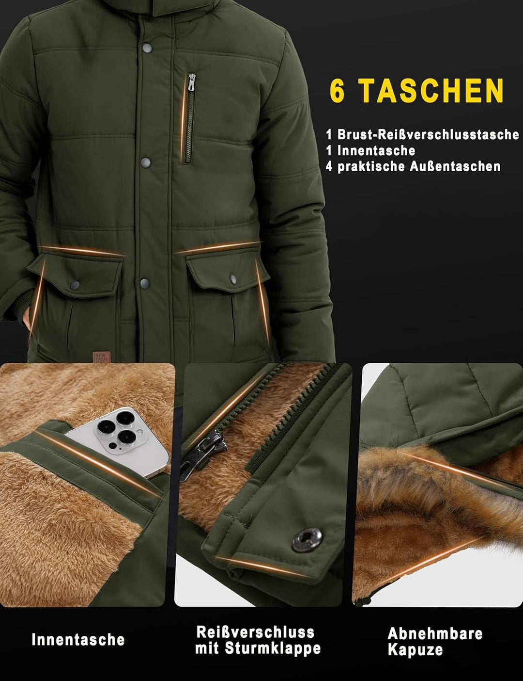 MAGCOMSEN Herren Winter Parka Jacke Winddicht Outdoor Warme Fleecejacke Freizeit Übergangsjacke Wass