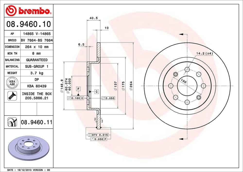 Brembo 08.9460.11 Hintere Bremsscheibe, Anzahl 2