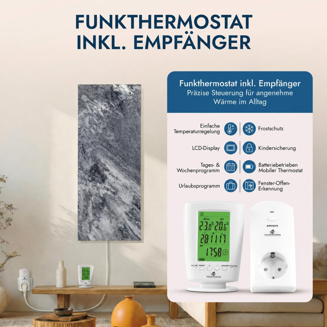 Marwona Naturstein Infrarotheizung mit Digitalthermostat I 800 Watt I Energiesparende Naturstein Inf