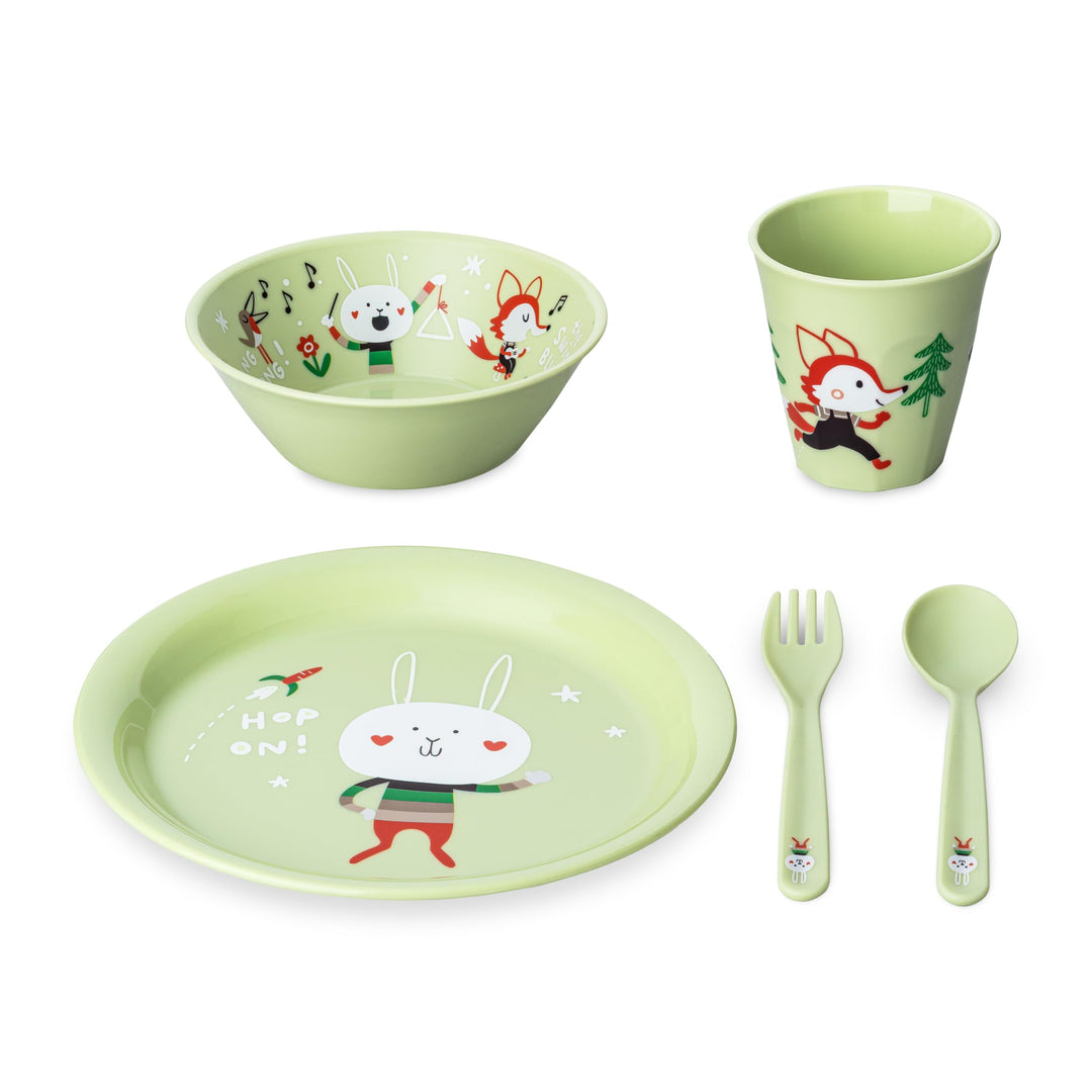 Koziol HOP ON AT HOME Kindergeschirrset 5-teilig | Teller + Schale + Becher + Besteckset | für Kinde