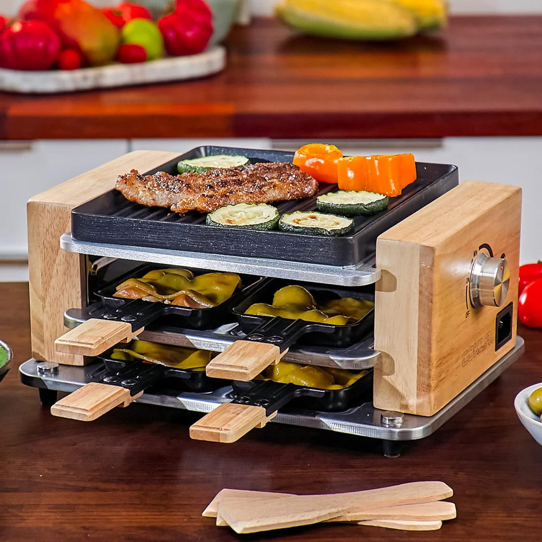 COKLAI Raclette Grill 4 Personen mit antihaftbeschichteter Gestreifte Grillplatte, mini Grill Raclet