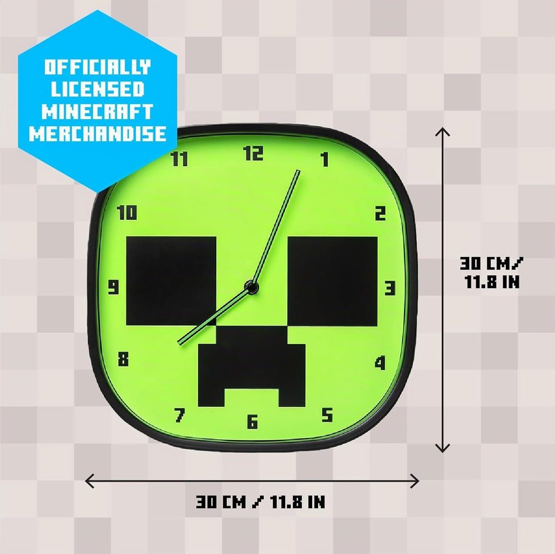 Paladone Minecraft Creeper Leuchtende Wanduhr - Leise, Nicht Tickend - Enthält 3 Blätter Abnehmbarer