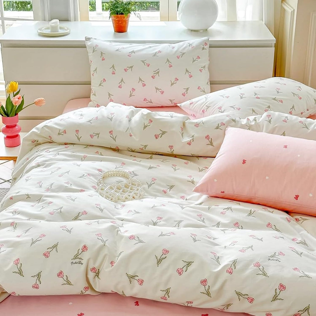 Baumwolle Bettwäsche Set 135x200cm 2teilig Weiss Rosa Grün Blumen Floral Bettwäsche Blumenmuster Mäd