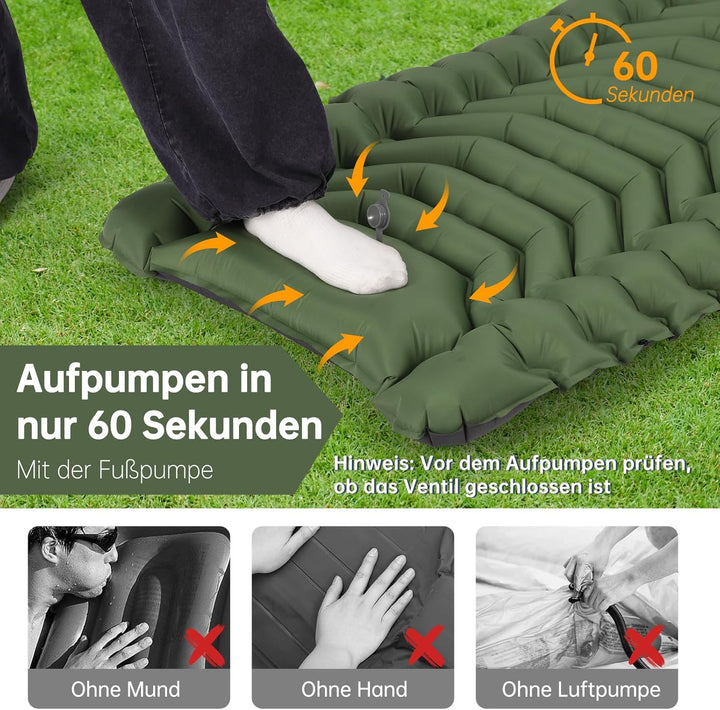HAUSPROFI Isomatte Camping, Ultraleicht Camping Luftmatratze mit Fusspumpe & Kissen, Aufblasbare Mat