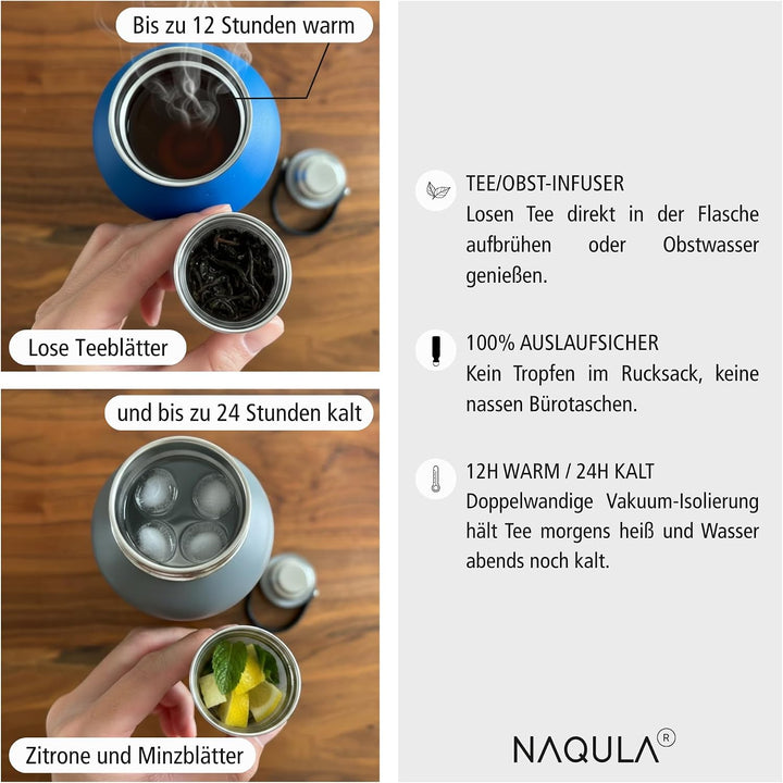 Thermosflasche 750 ml mit Tragegriff und abnehmbarem Sieb f Tee od Früchte. Edelstahl Trinkflasche a
