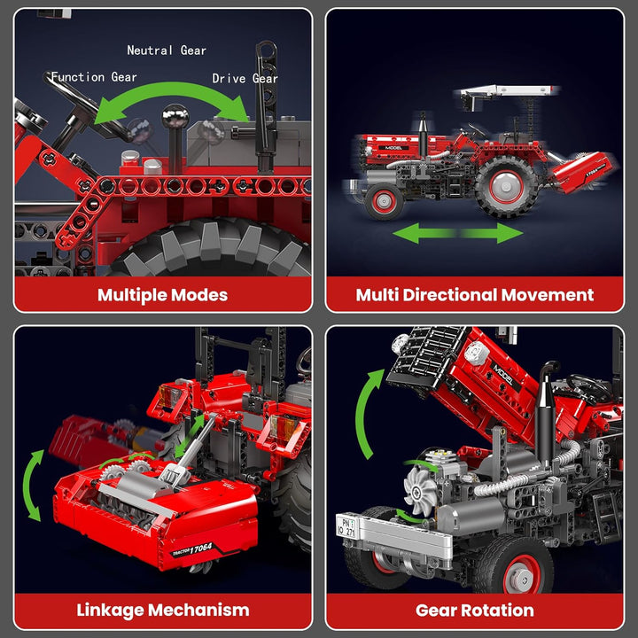 Mould King Traktor-Bausatz, 17064 Landwirtschaftsmodell mit Motor und Fernbedienung, 3 Front-Anbauge