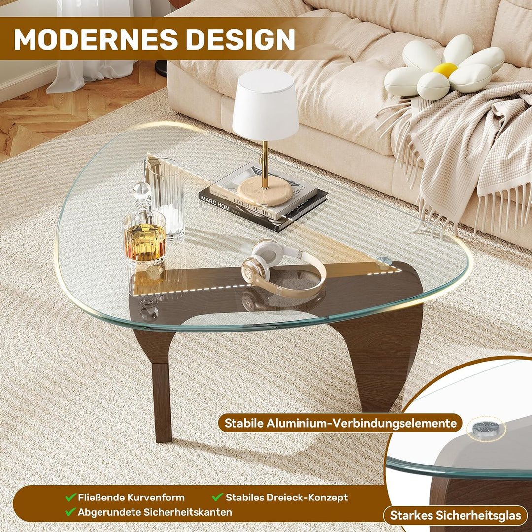 Dreieckiger Beistelltisch, Couchtisch Glas Transparent, Grosser Wohnzimmertisch Mid-Century, MDF Hol