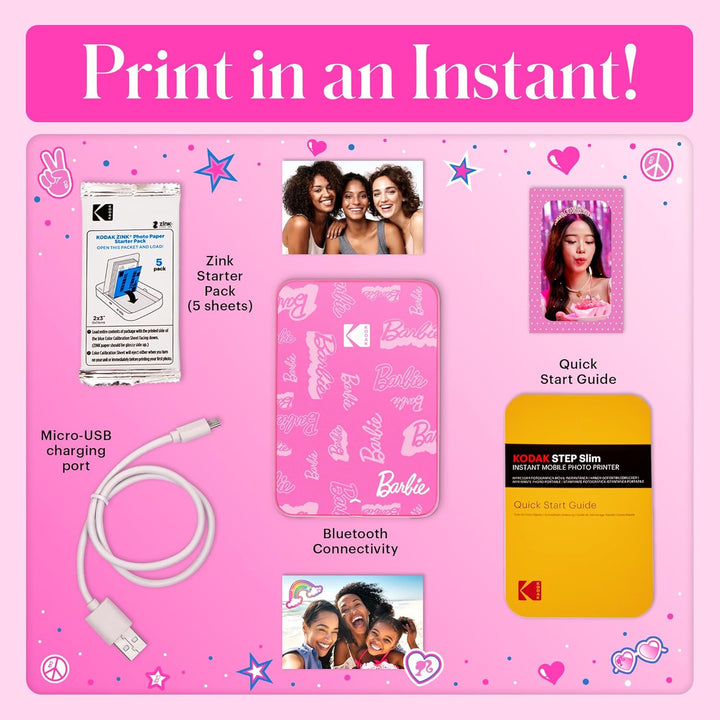 Kodak Barbie x Step Slim Wireless Sofort tragbarer Fotodrucker – Vollfarbige Drucke in Zink 2x3” Auf