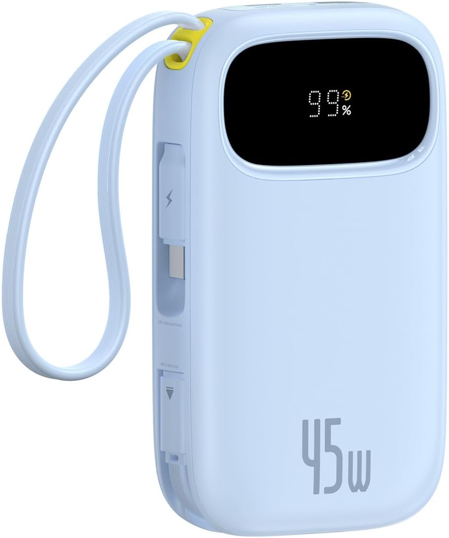 Baseus Powerbank 20000mAh 45W mit integriertem USB-C Kabel, QPow3 Power Bank PD3.0 QC4.0 Externe Han