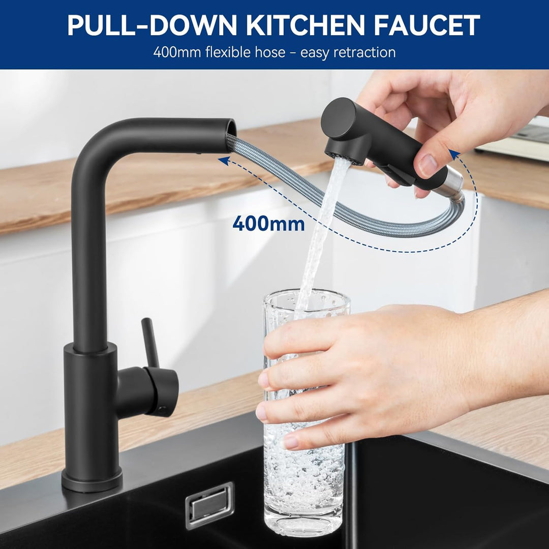 CECIPA 65 x 45 cm schwarzes Waschbecken mit L ausziehbarem Wasserhahn, Küchenspüle mit Granitabtropf