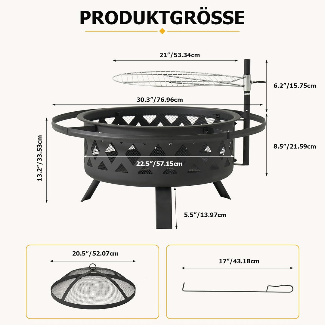 Aoxun Feuerschale mit Grill, 2-in-1 Feuerstelle Garten mit Funkenschutz und 360° Schwenkgrill, Outdo