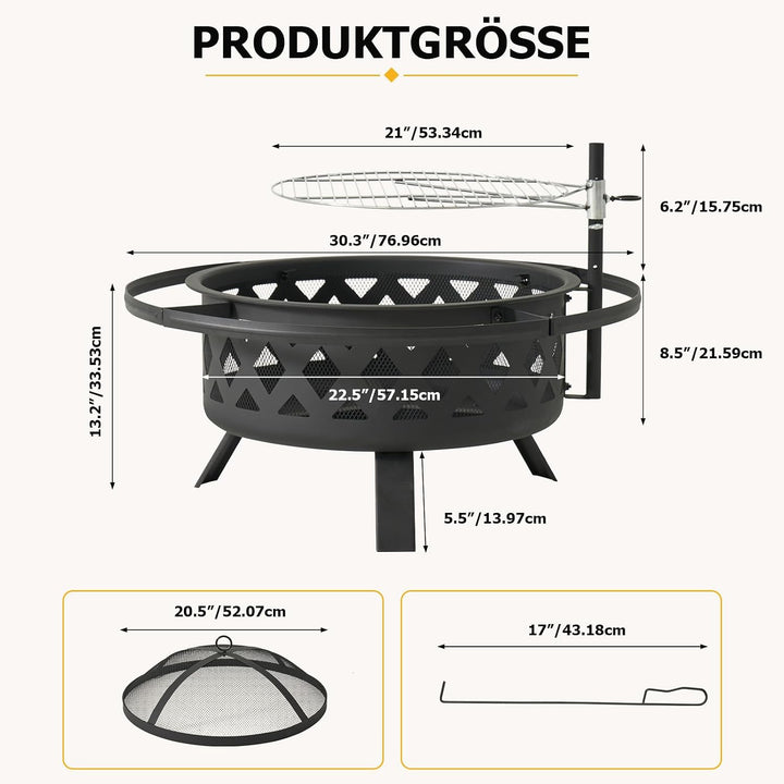 Aoxun Feuerschale mit Grill, 2-in-1 Feuerstelle Garten mit Funkenschutz und 360° Schwenkgrill, Outdo