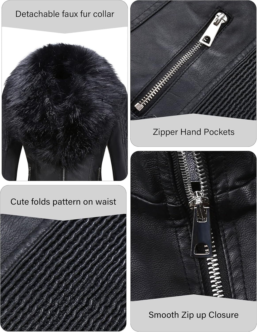 Giolshon Damen Kunstlederjacke Moto Biker Warme Winterjacket mit Kunstpelzkragen, XL