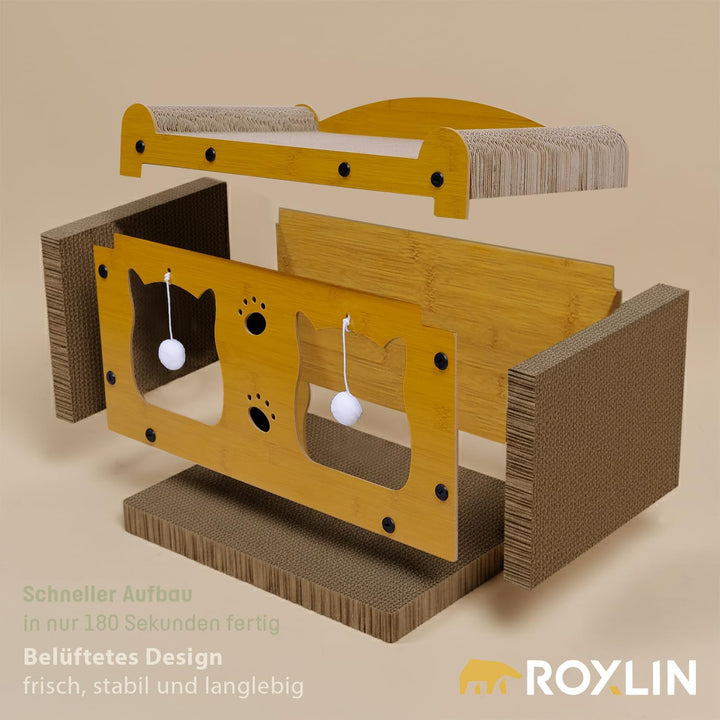 ROXLIN Katzen TV-Möbel, Holzdesign in Gelb, Kratzfläche mit Katzenhöhlen, Modernes Katzenspielzeug f