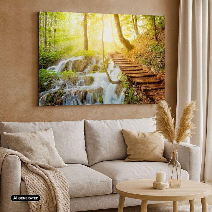 ARTTOR Bilder auf Leinwand 100x70cm Leinwandbild Park Wasserfall Wasser Gross Wanddeko Bild Schlafzi