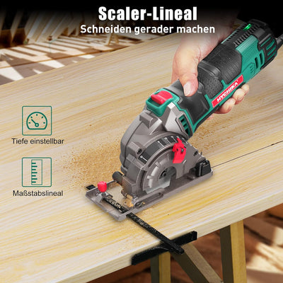 Mini Kreissäge, HYCHIKA Handkreissäge mit 3 Sägeblättern, Laserführung, Skalenlineal, 500W Motor aus