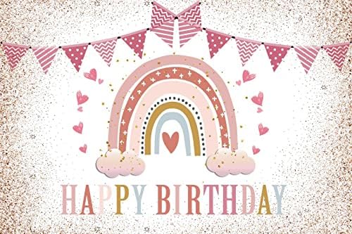 Renaiss 2.2x1.5m Regenbogen Happy Birthday Hintergrund Wolke Rosa Glitzer Dekoration Fotografie Hint