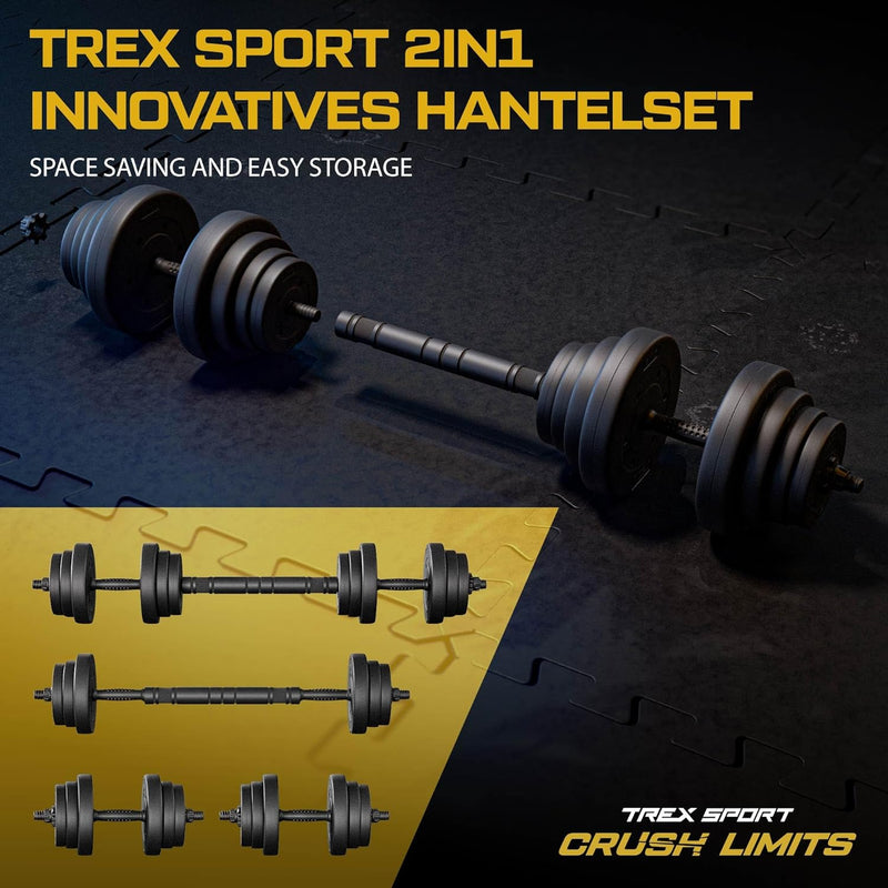 TREX SPORT 2er Set Hanteln & Hanteln 20 kg, 40 kg, Kurzhantelset mit Verbindungsrohr Schwarz, Schwar