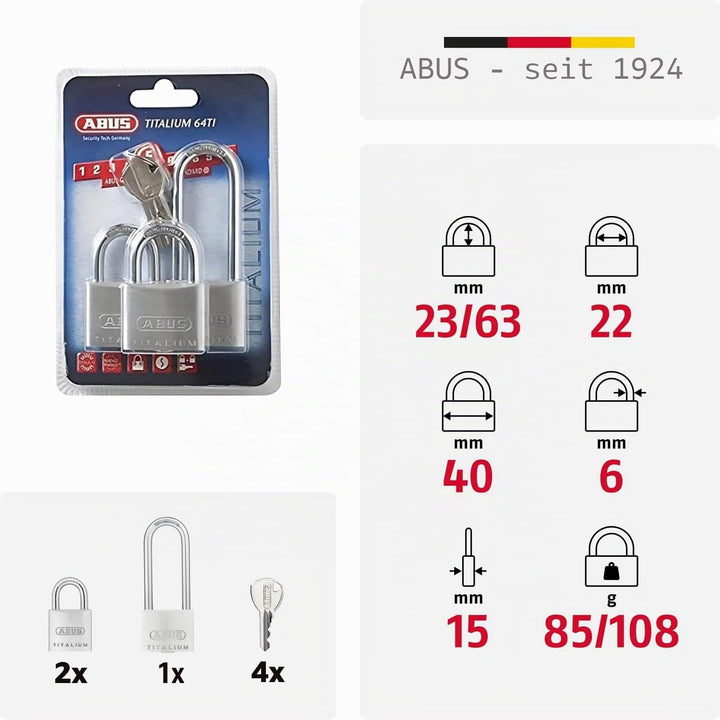 ABUS Vorhängeschloss Titalium 64TI/40 + HB63 - 3er Set, gleichschliessend - Kellerschloss mit Schlos