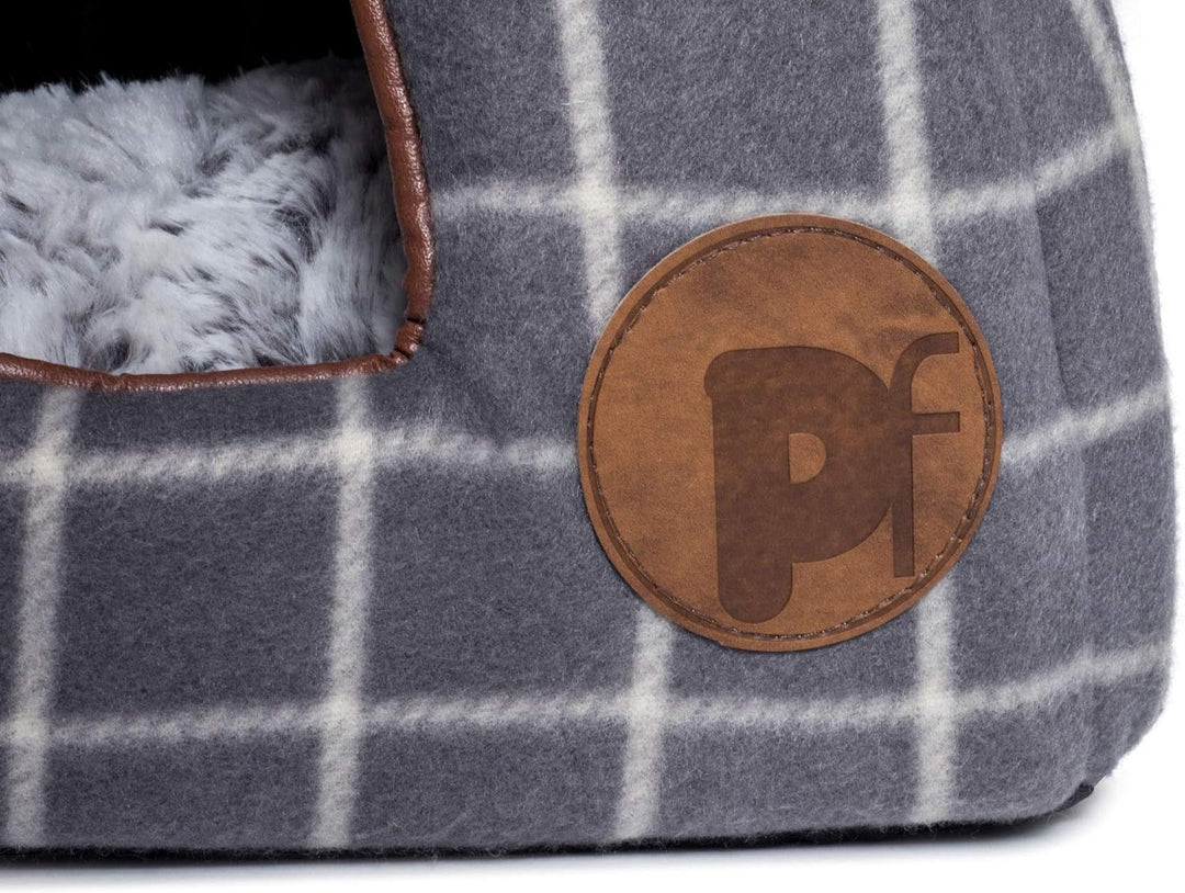 Petface Graues Iglu-Körbchen aus Fleece mit Karos Fensterscheibe Karo Grau, Fensterscheibe Karo Grau