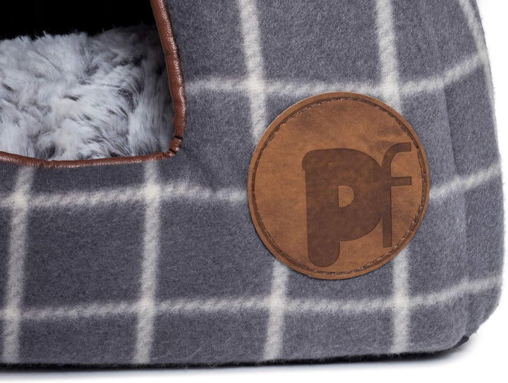 Petface Graues Iglu-Körbchen aus Fleece mit Karos Fensterscheibe Karo Grau, Fensterscheibe Karo Grau