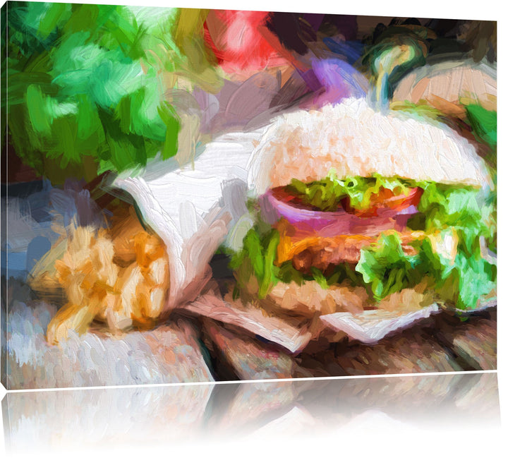 Pixxprint Burger und Pommes als Leinwandbild/Grösse: 100x70 cm/Wandbild/Kunstdruck/fertig bespannt,