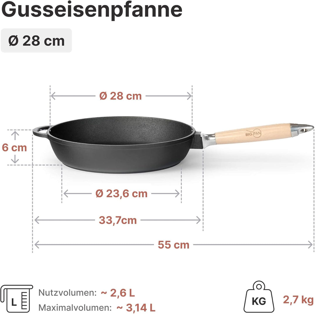 Premium tiefe Gusseisenpfanne 28 cm mit Glasdeckel abnehmbarer Holzgriff | unbeschichtet backofenfes