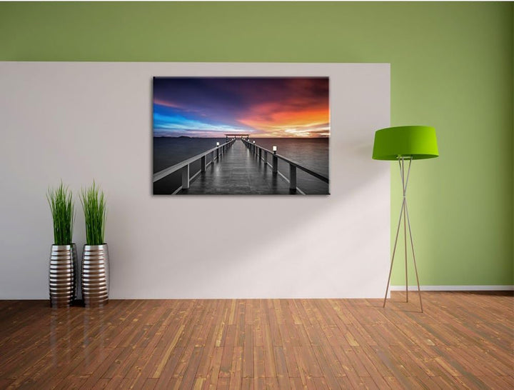 Pixxprint Moderner Holzsteg ins Meer als Leinwandbild/Grösse: 100x70 cm/Wandbild/Kunstdruck/fertig b