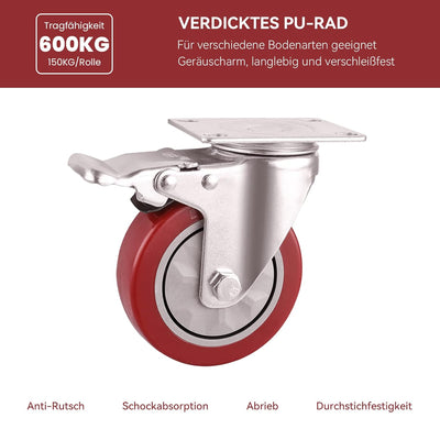 BAOLIHUI 4er Set Lenkrollen für Möbel 100MM Möbelrollen mit Bremse Schwerlastrollen 600kg Rot Rollen