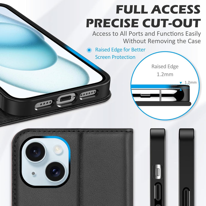 SHIELDON Hülle für iPhone 15 Plus, 5G Handyhülle [Echtleder] [Kartenfach] [Magnet] [Standfunktion] [