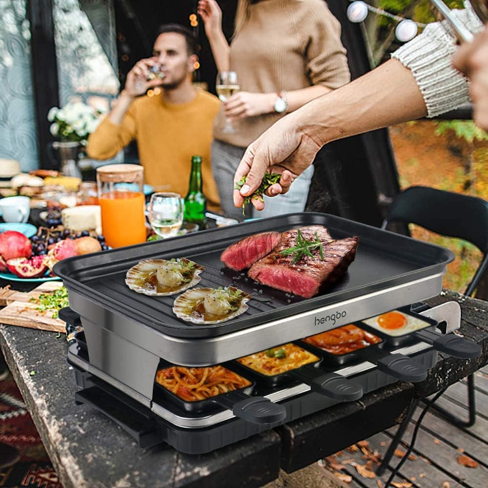 HengBO Raclette Grill für 6 8 10 Personen mit 8 Rraclette Pfannen 4 4 Holzspatel Antihaft-beschichte