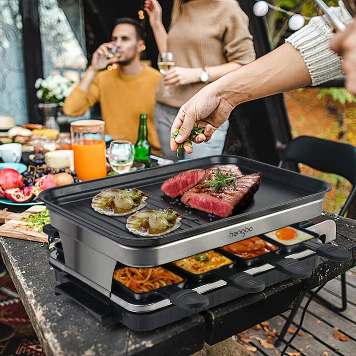 HengBO Raclette Grill für 6 8 10 Personen mit 8 Rraclette Pfannen 4 4 Holzspatel Antihaft-beschichte