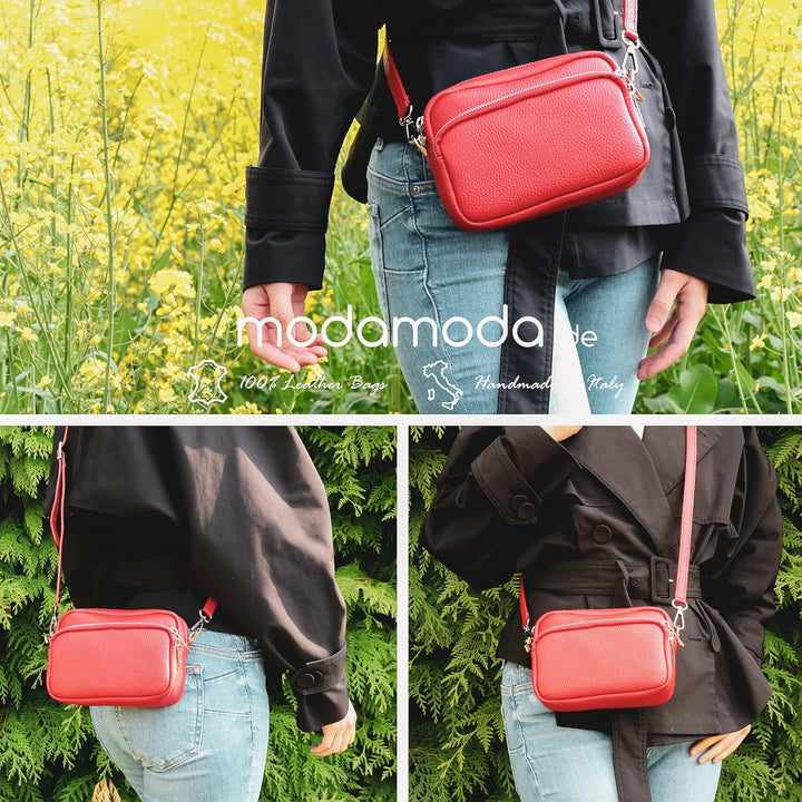 modamoda de - T231 - ital. Umhängetasche Klein Small aus Leder Graubeige, Graubeige