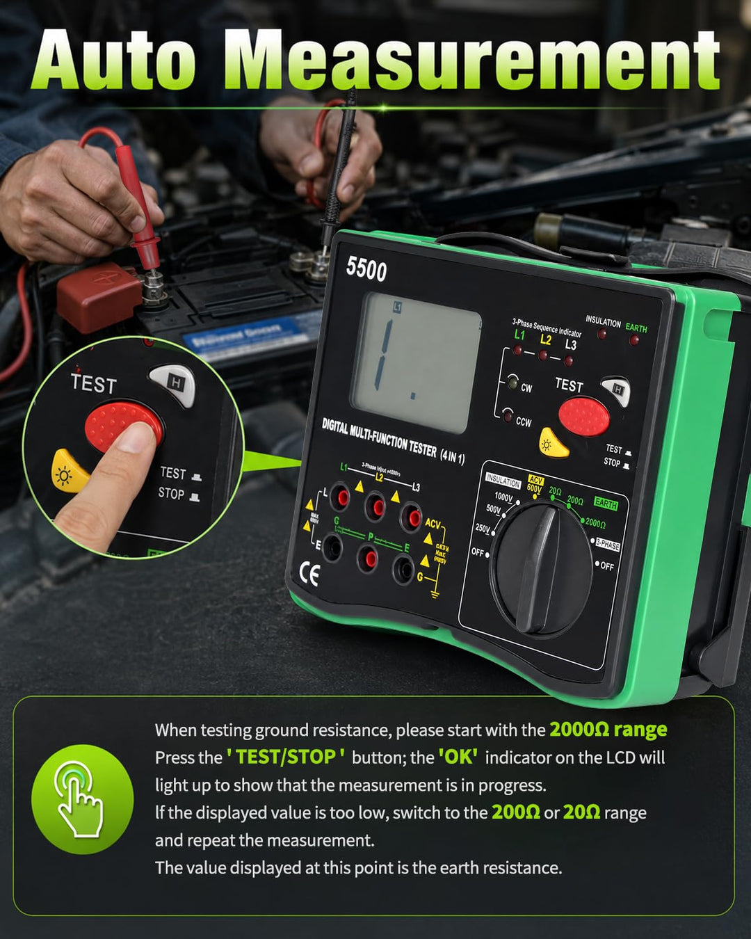Erdungswiderstandsmessgerät, 20GΩ Megaohmmeter Voltmeter 4in1 Multimeter | Phasenfolgeprüfer, Erdung