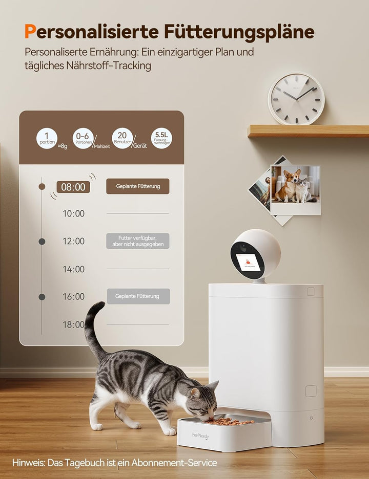 FEELNEEDY 5.5L Futterautomat Katze mit 3MP HD-360° Kamera, 2,4G/5G WiFi KI Katzenfutter Automat mit