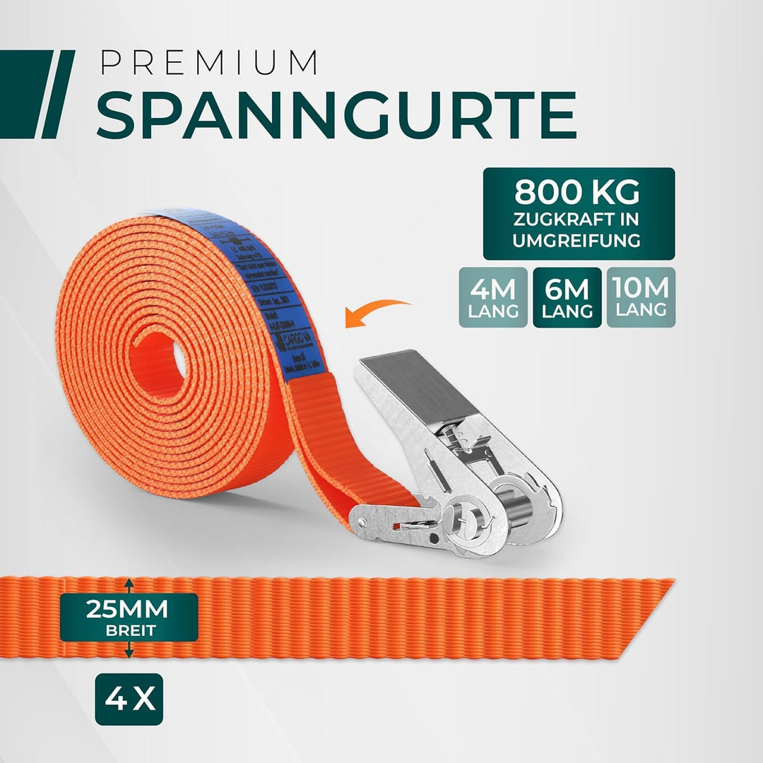 CargoVA® Robuste 800kg Spanngurte [4er Set] - TÜV/GS Zertifiziert & DIN - Vielseitig Einsetzbar - 25